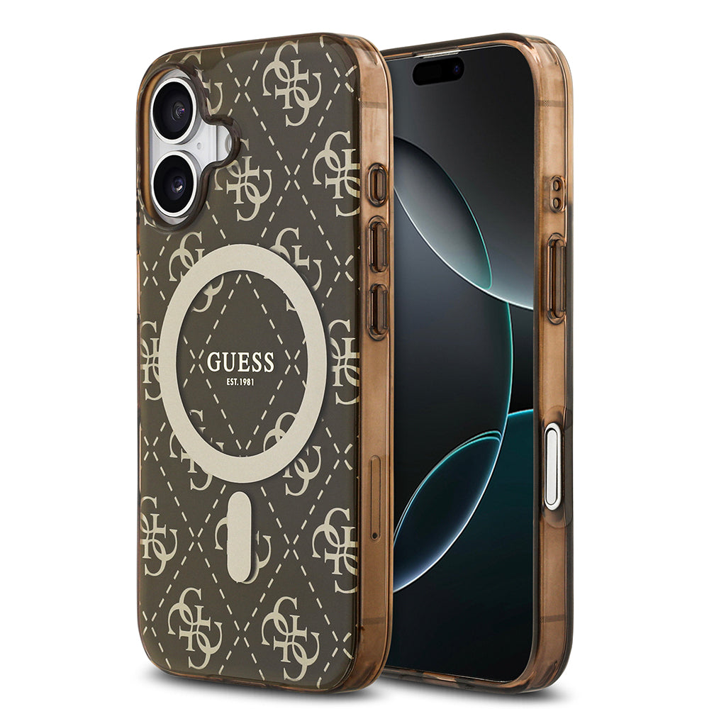 Apple iPhone 17 Kılıf Guess M-safe Şarj Özellikli IML Baskılı Klasik Logolu 4G Desenli Kapak Kahverengi