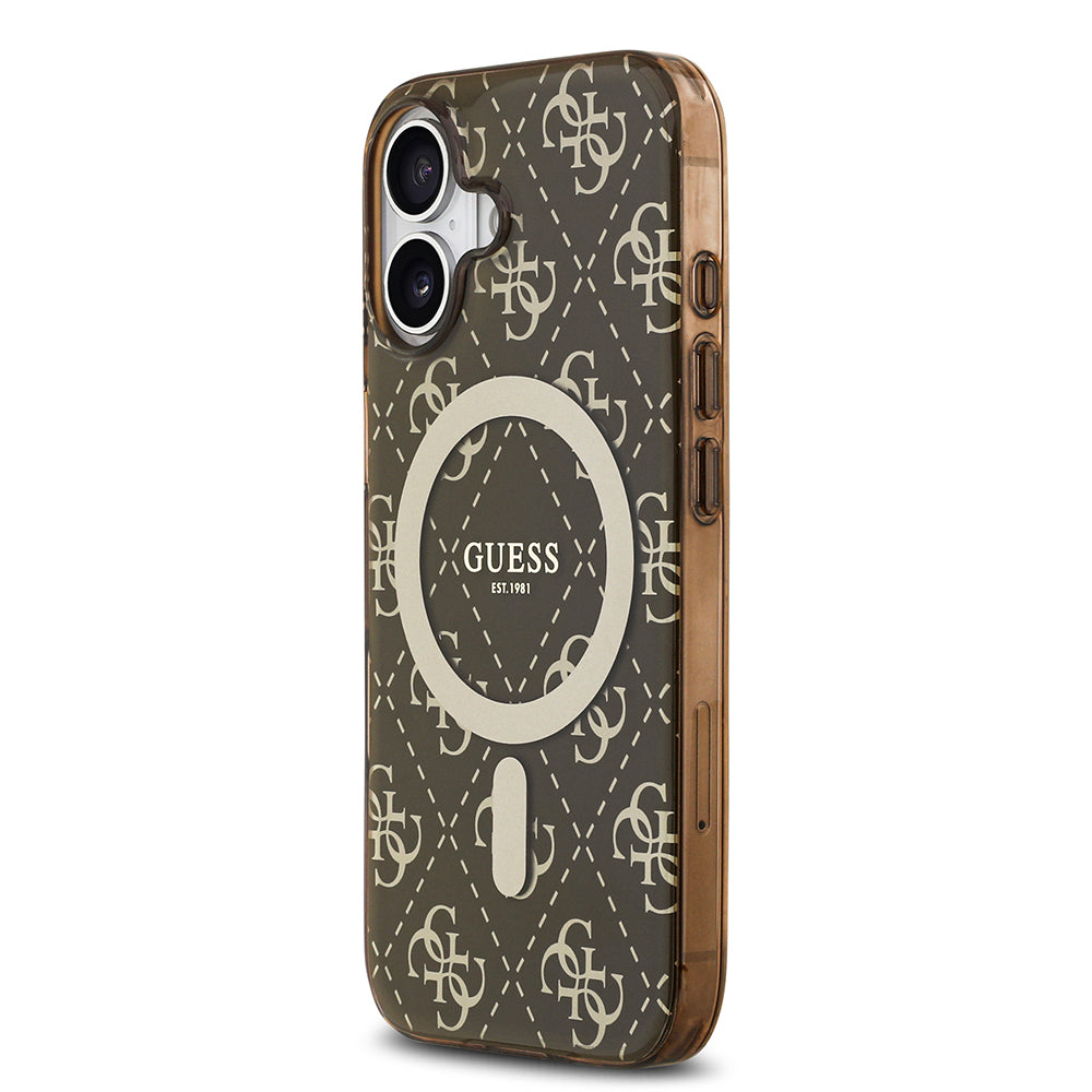 Apple iPhone 17 Kılıf Guess M-safe Şarj Özellikli IML Baskılı Klasik Logolu 4G Desenli Kapak Kahverengi