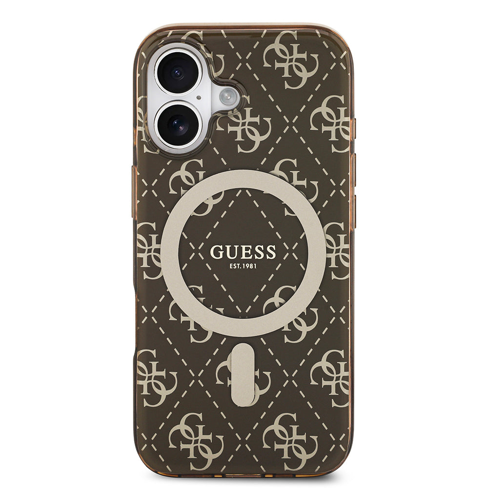 Apple iPhone 17 Kılıf Guess M-safe Şarj Özellikli IML Baskılı Klasik Logolu 4G Desenli Kapak Kahverengi