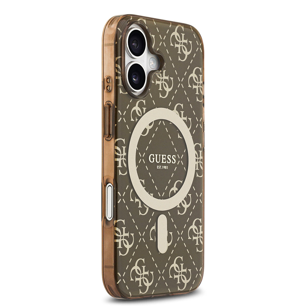 Apple iPhone 17 Kılıf Guess M-safe Şarj Özellikli IML Baskılı Klasik Logolu 4G Desenli Kapak Kahverengi