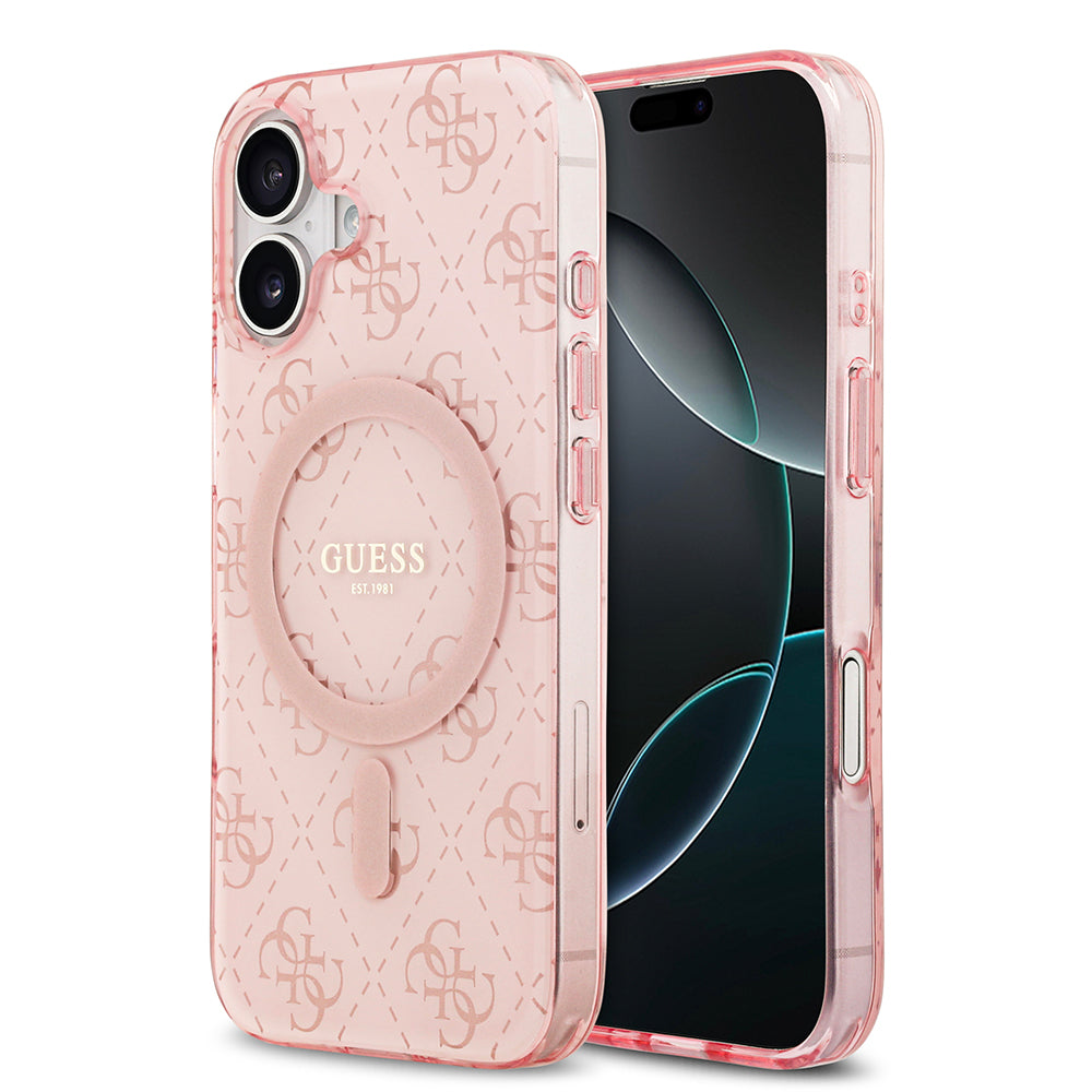 Apple iPhone 17 Kılıf Guess M-safe Şarj Özellikli IML Baskılı Klasik Logolu 4G Desenli Kapak Pembe