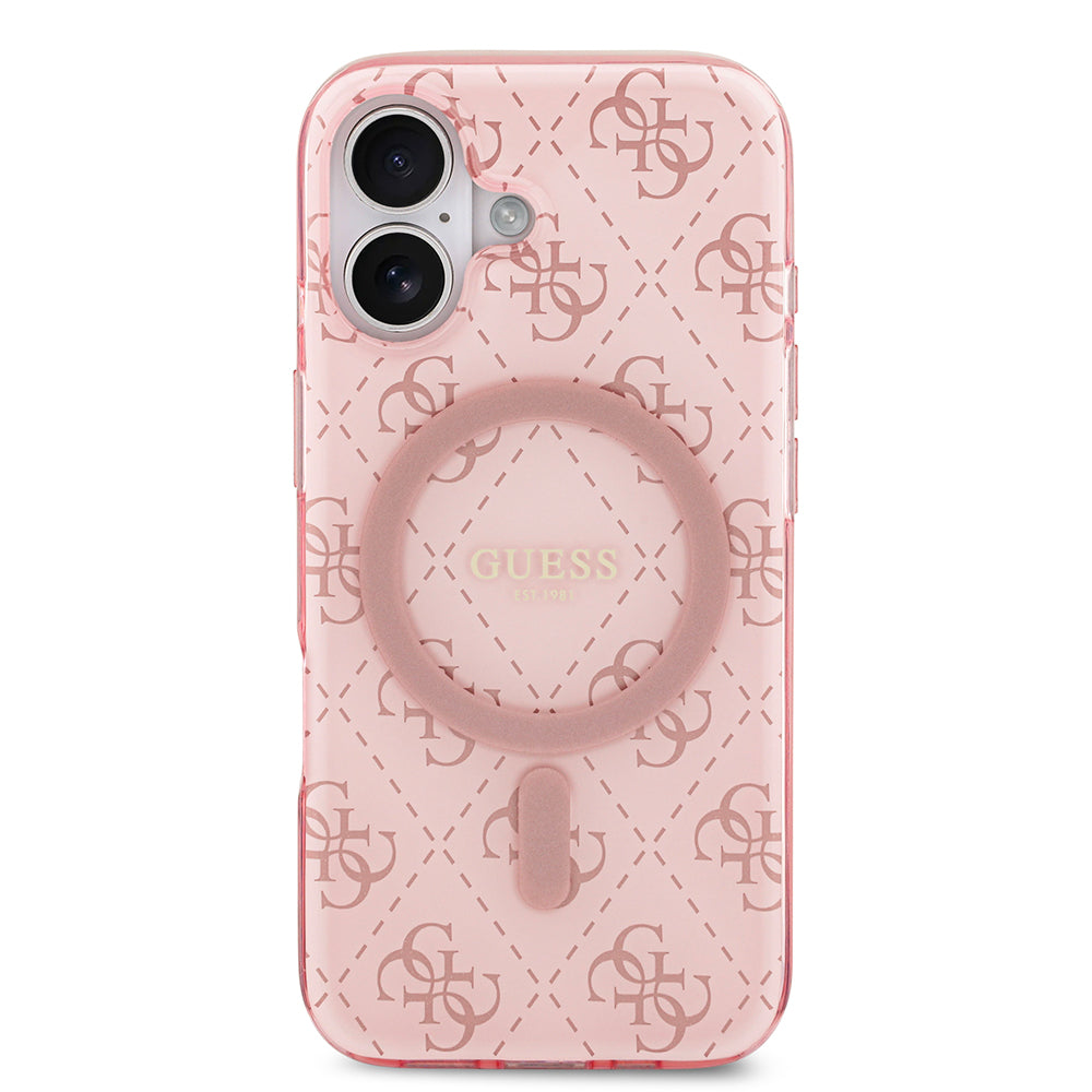 Apple iPhone 17 Kılıf Guess M-safe Şarj Özellikli IML Baskılı Klasik Logolu 4G Desenli Kapak Pembe
