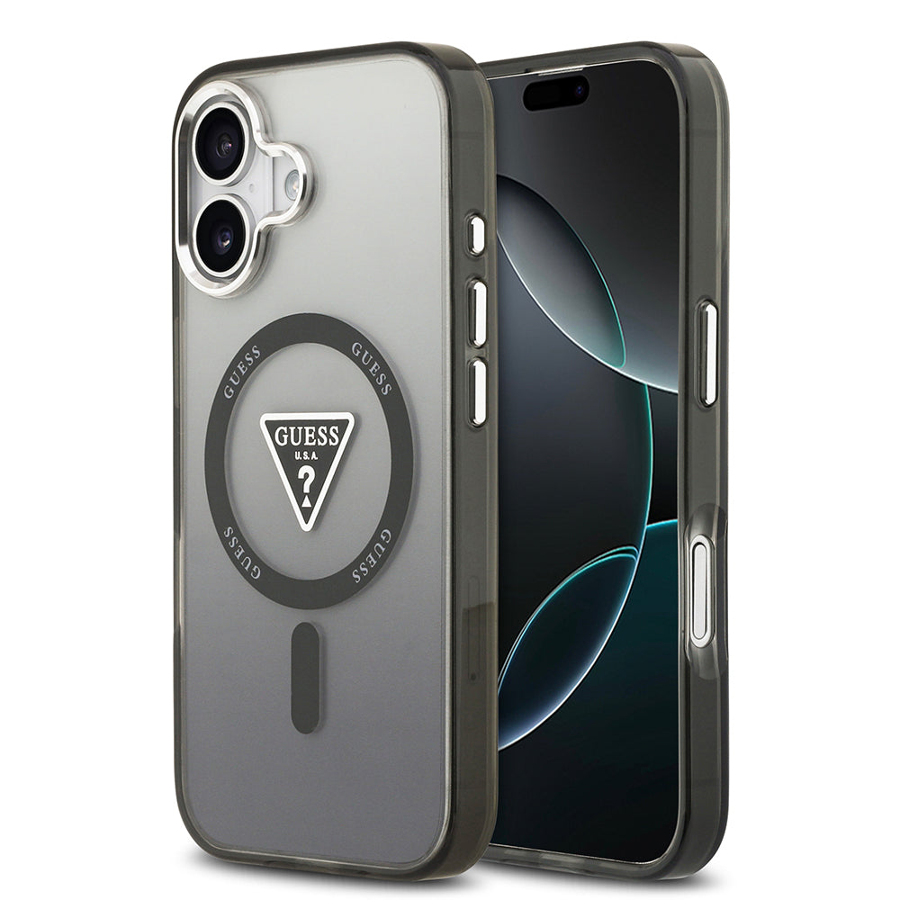 Apple iPhone 17 Kılıf Guess M-safe Şarj Özellikli IML Baskılı Üçgen Logolu Metal Kamera Çerçeveli Transparan Kapak Siyah