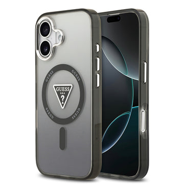 Apple iPhone 17 Kılıf Guess M-safe Şarj Özellikli IML Baskılı Üçgen Logolu Metal Kamera Çerçeveli Transparan Kapak Siyah