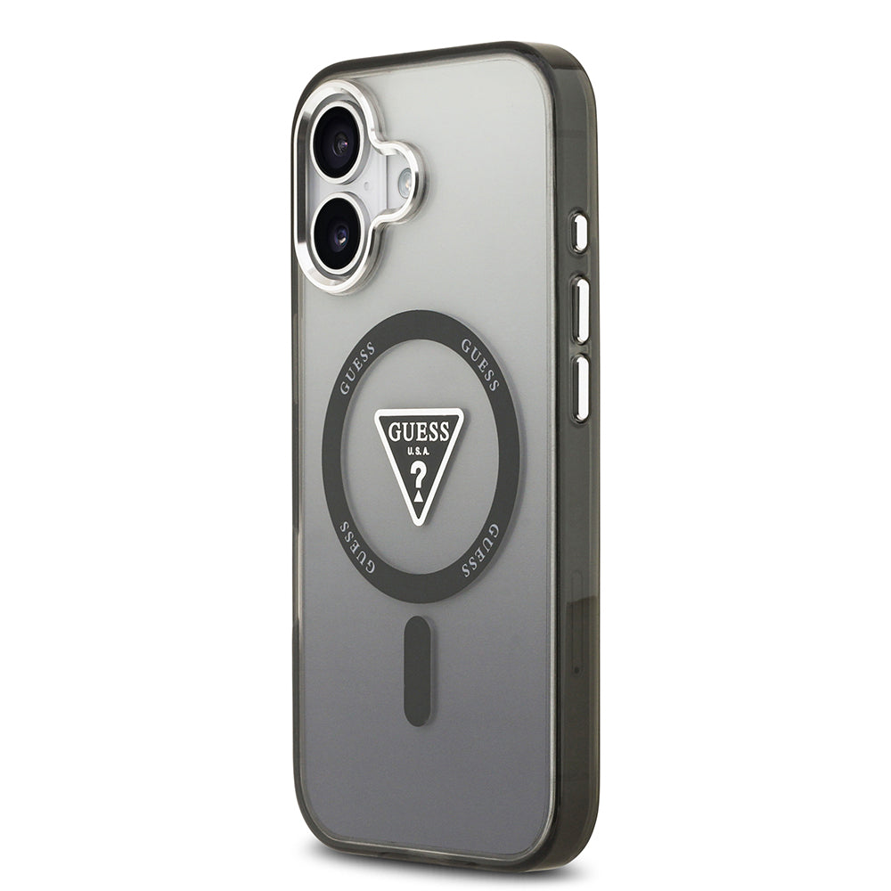 Apple iPhone 17 Kılıf Guess M-safe Şarj Özellikli IML Baskılı Üçgen Logolu Metal Kamera Çerçeveli Transparan Kapak Siyah