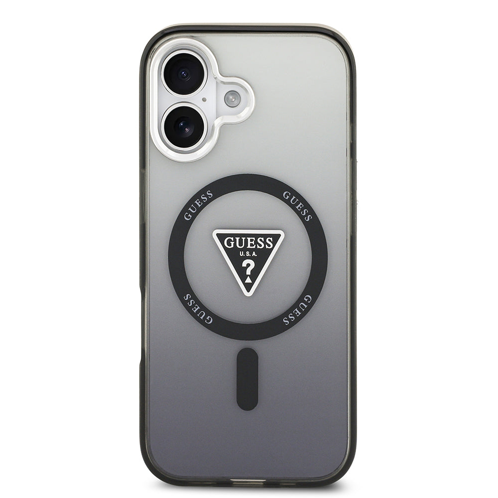 Apple iPhone 17 Kılıf Guess M-safe Şarj Özellikli IML Baskılı Üçgen Logolu Metal Kamera Çerçeveli Transparan Kapak Siyah