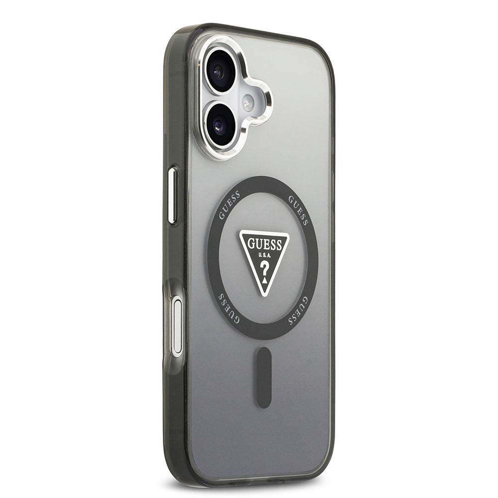 Apple iPhone 17 Kılıf Guess M-safe Şarj Özellikli IML Baskılı Üçgen Logolu Metal Kamera Çerçeveli Transparan Kapak Siyah