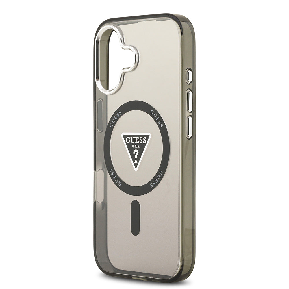 Apple iPhone 17 Kılıf Guess M-safe Şarj Özellikli IML Baskılı Üçgen Logolu Metal Kamera Çerçeveli Transparan Kapak Siyah