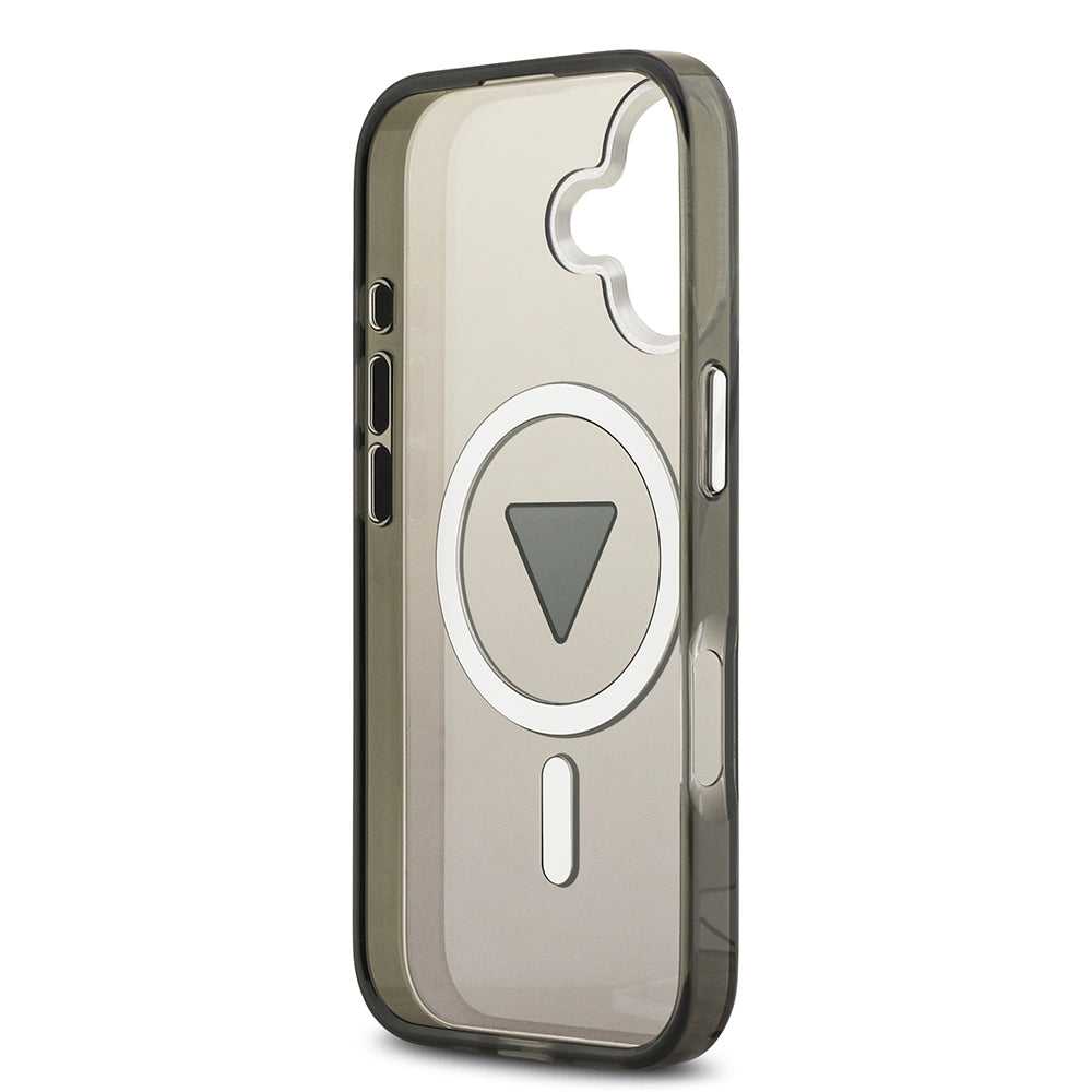 Apple iPhone 17 Kılıf Guess M-safe Şarj Özellikli IML Baskılı Üçgen Logolu Metal Kamera Çerçeveli Transparan Kapak Siyah