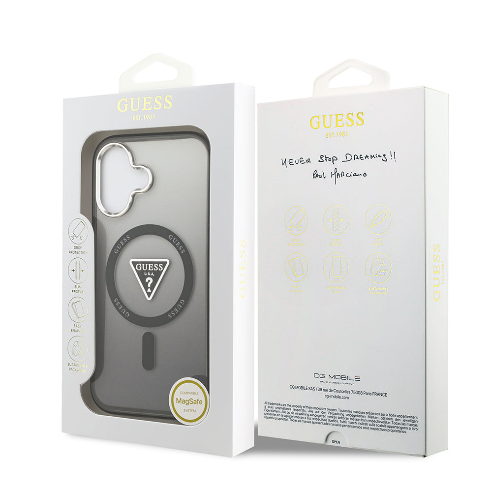 Apple iPhone 17 Kılıf Guess M-safe Şarj Özellikli IML Baskılı Üçgen Logolu Metal Kamera Çerçeveli Transparan Kapak Siyah