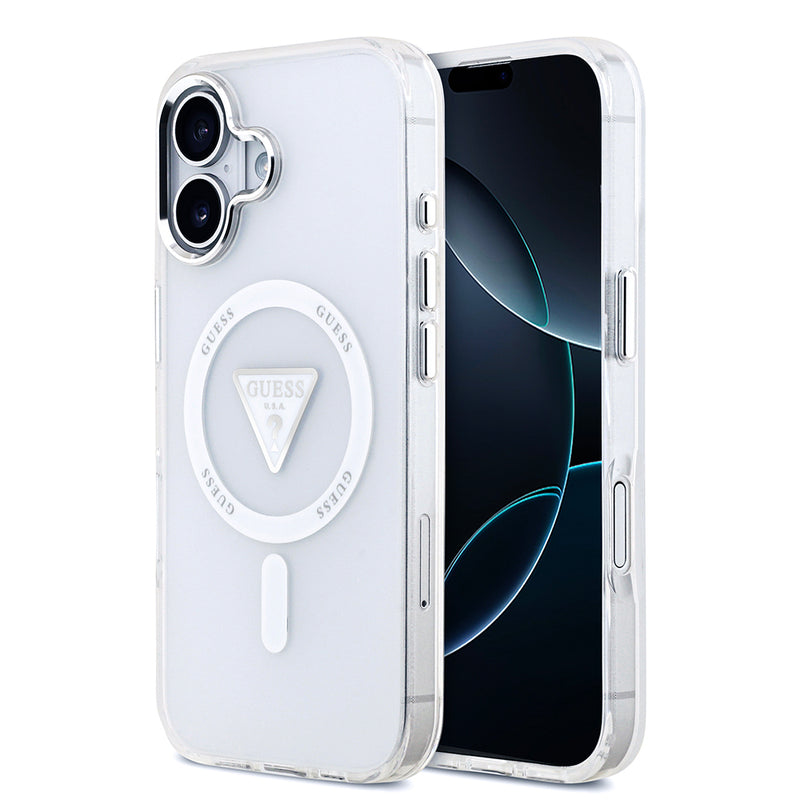 Apple iPhone 17 Kılıf Guess M-safe Şarj Özellikli IML Baskılı Üçgen Logolu Metal Kamera Çerçeveli Transparan Kapak Şeffaf