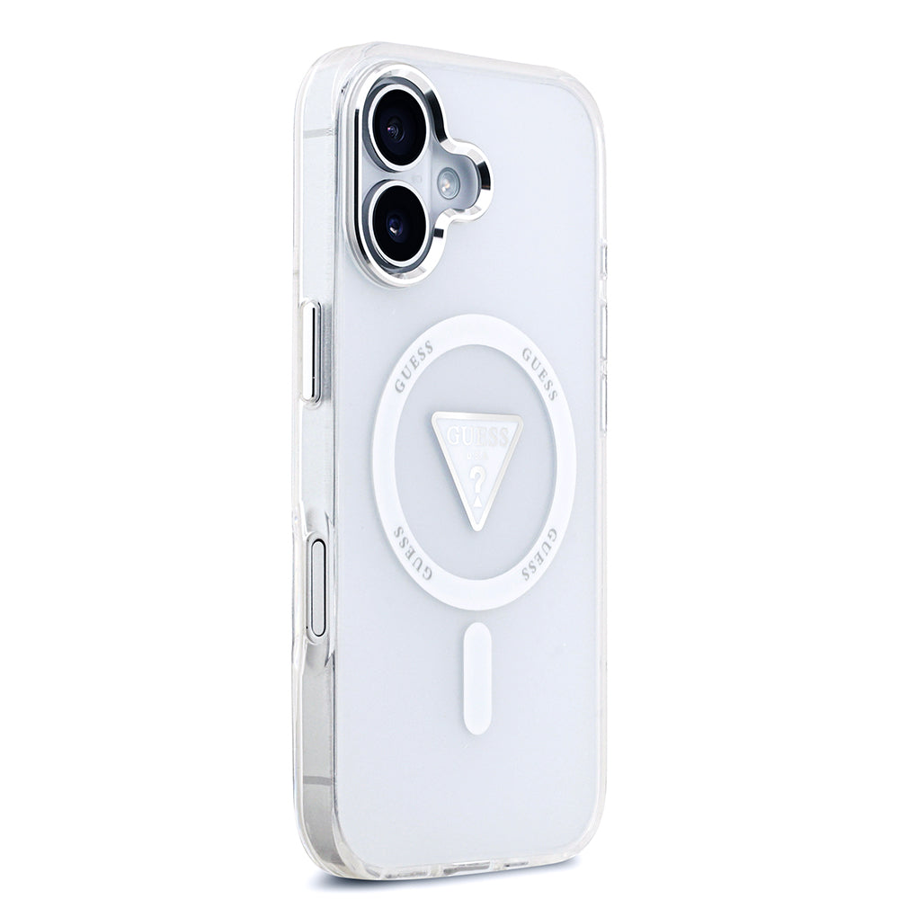 Apple iPhone 17 Kılıf Guess M-safe Şarj Özellikli IML Baskılı Üçgen Logolu Metal Kamera Çerçeveli Transparan Kapak Şeffaf