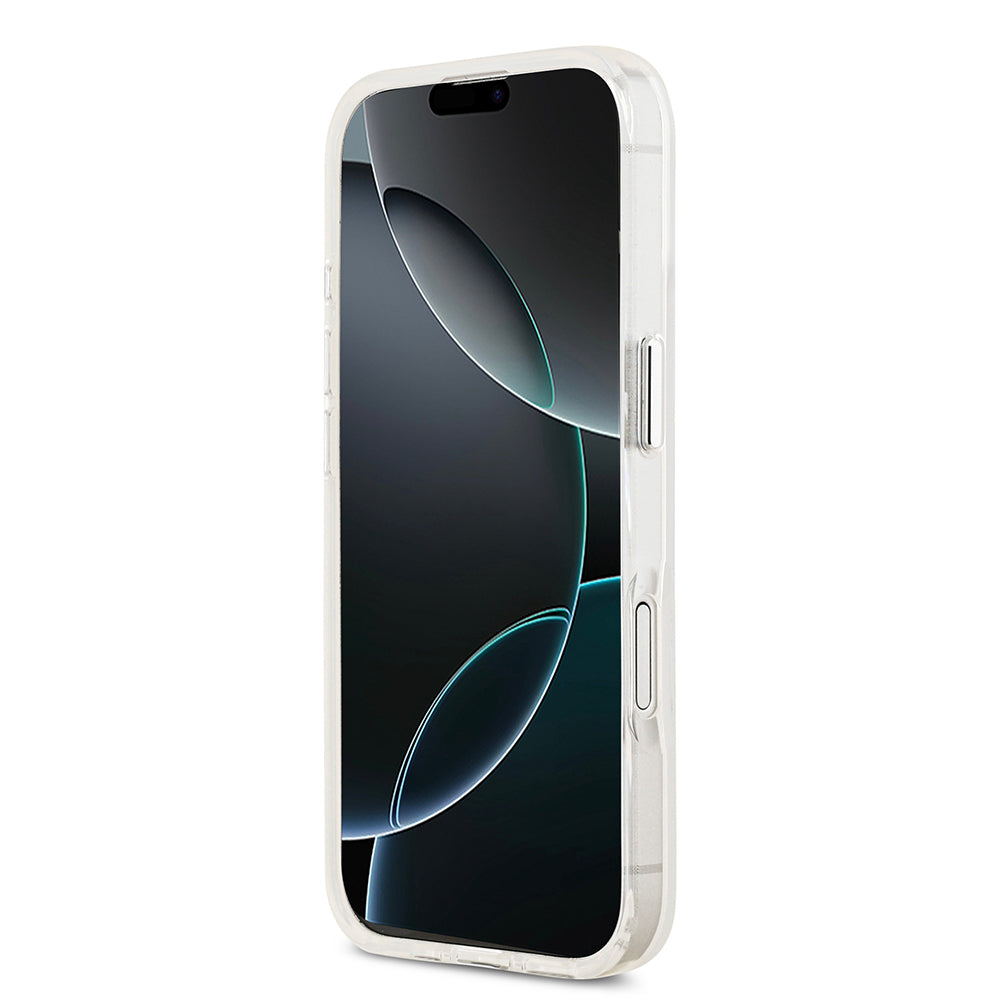 Apple iPhone 17 Kılıf Guess M-safe Şarj Özellikli IML Baskılı Üçgen Logolu Metal Kamera Çerçeveli Transparan Kapak Şeffaf