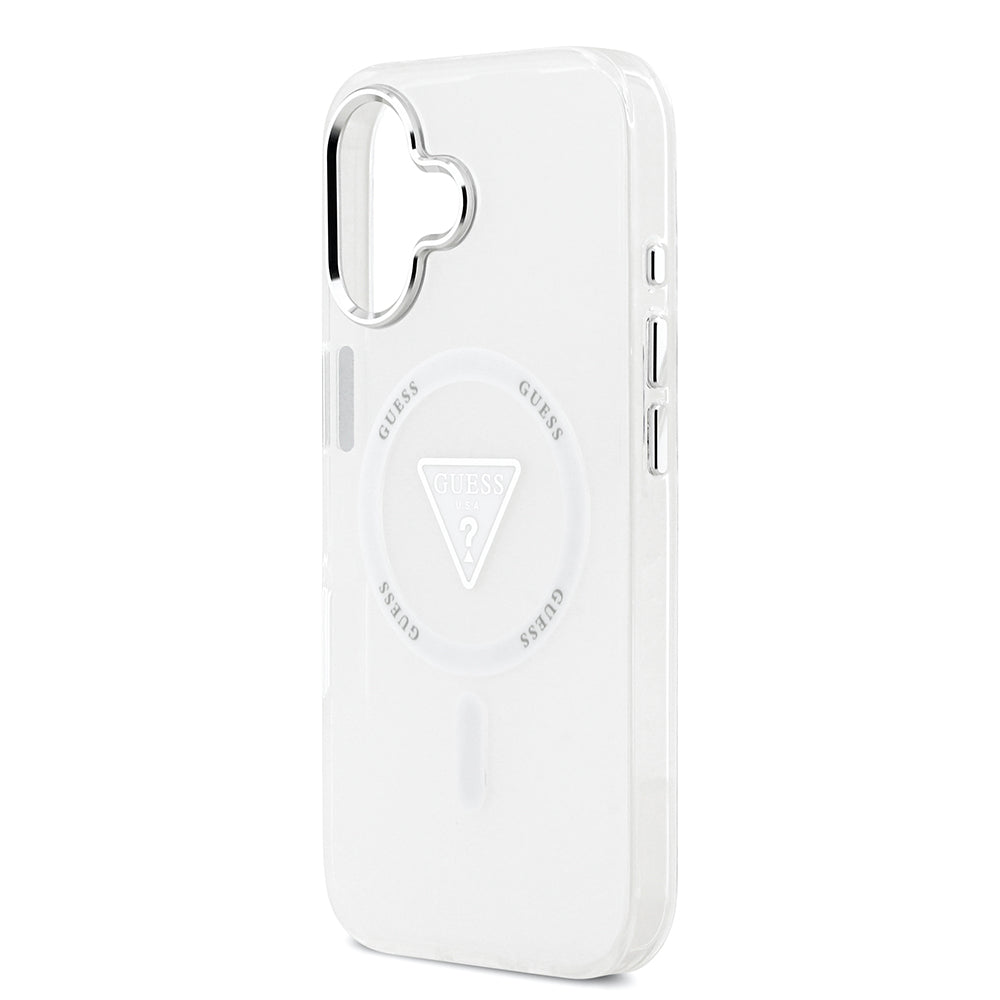 Apple iPhone 17 Kılıf Guess M-safe Şarj Özellikli IML Baskılı Üçgen Logolu Metal Kamera Çerçeveli Transparan Kapak Şeffaf