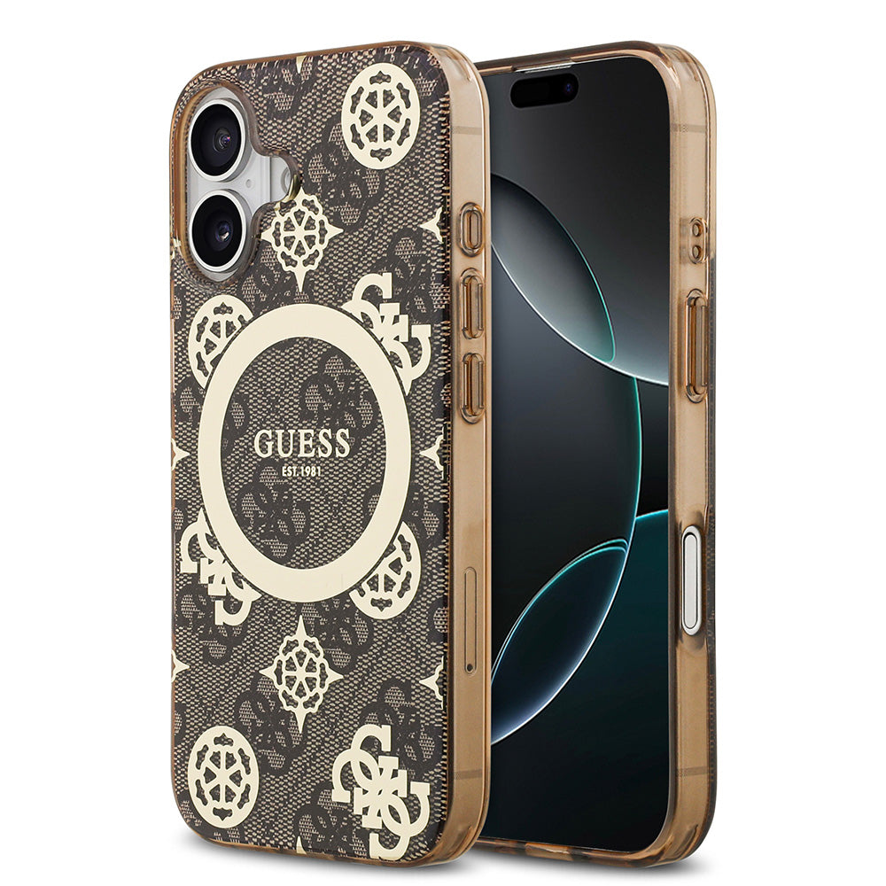 Apple iPhone 17 Kılıf Guess M-safe Şarj Özellikli IML Peony ve 4G Desenli Klasik Logolu Kapak Kahverengi