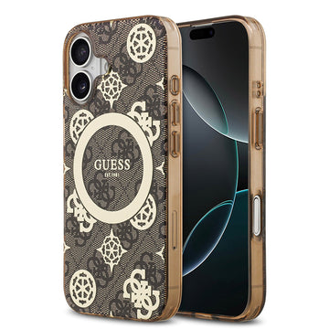 Apple iPhone 17 Kılıf Guess M-safe Şarj Özellikli IML Peony ve 4G Desenli Klasik Logolu Kapak Kahverengi