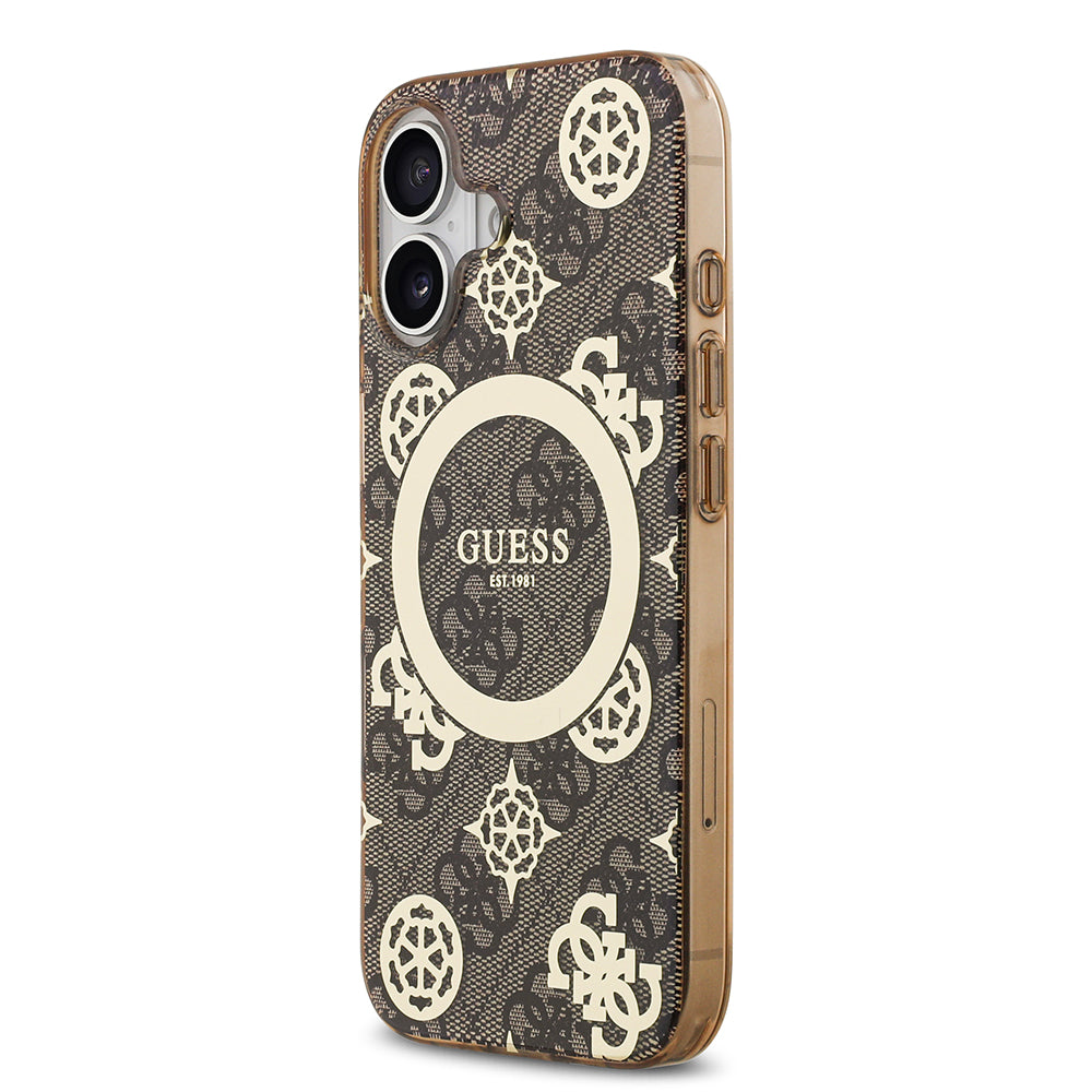 Apple iPhone 17 Kılıf Guess M-safe Şarj Özellikli IML Peony ve 4G Desenli Klasik Logolu Kapak Kahverengi