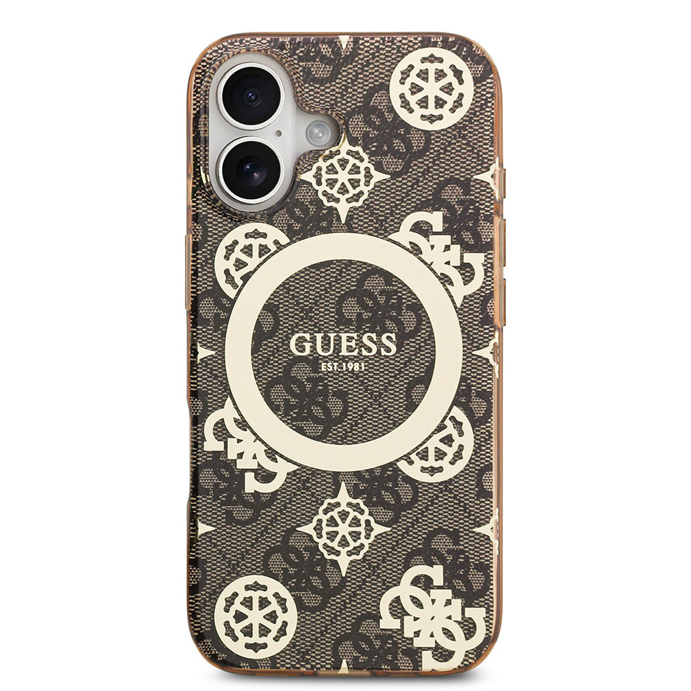 Apple iPhone 17 Kılıf Guess M-safe Şarj Özellikli IML Peony ve 4G Desenli Klasik Logolu Kapak Kahverengi