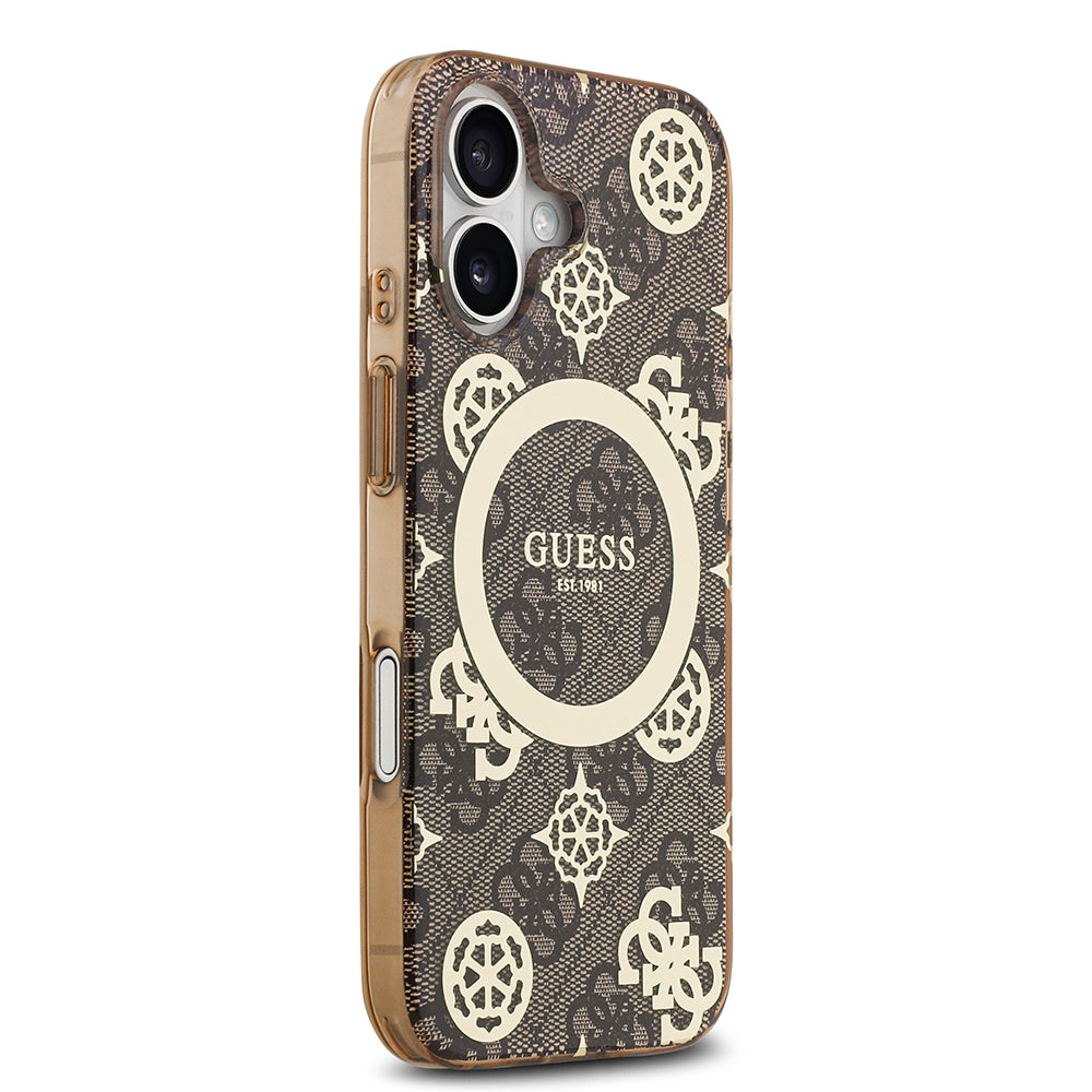 Apple iPhone 17 Kılıf Guess M-safe Şarj Özellikli IML Peony ve 4G Desenli Klasik Logolu Kapak Kahverengi