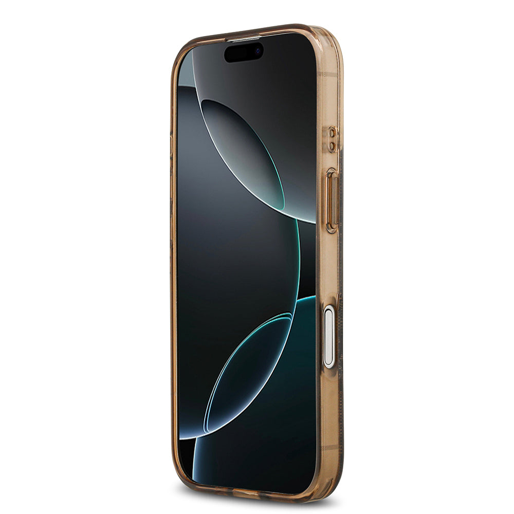 Apple iPhone 17 Kılıf Guess M-safe Şarj Özellikli IML Peony ve 4G Desenli Klasik Logolu Kapak Kahverengi