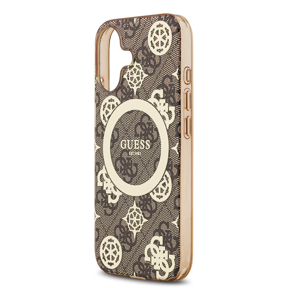 Apple iPhone 17 Kılıf Guess M-safe Şarj Özellikli IML Peony ve 4G Desenli Klasik Logolu Kapak Kahverengi