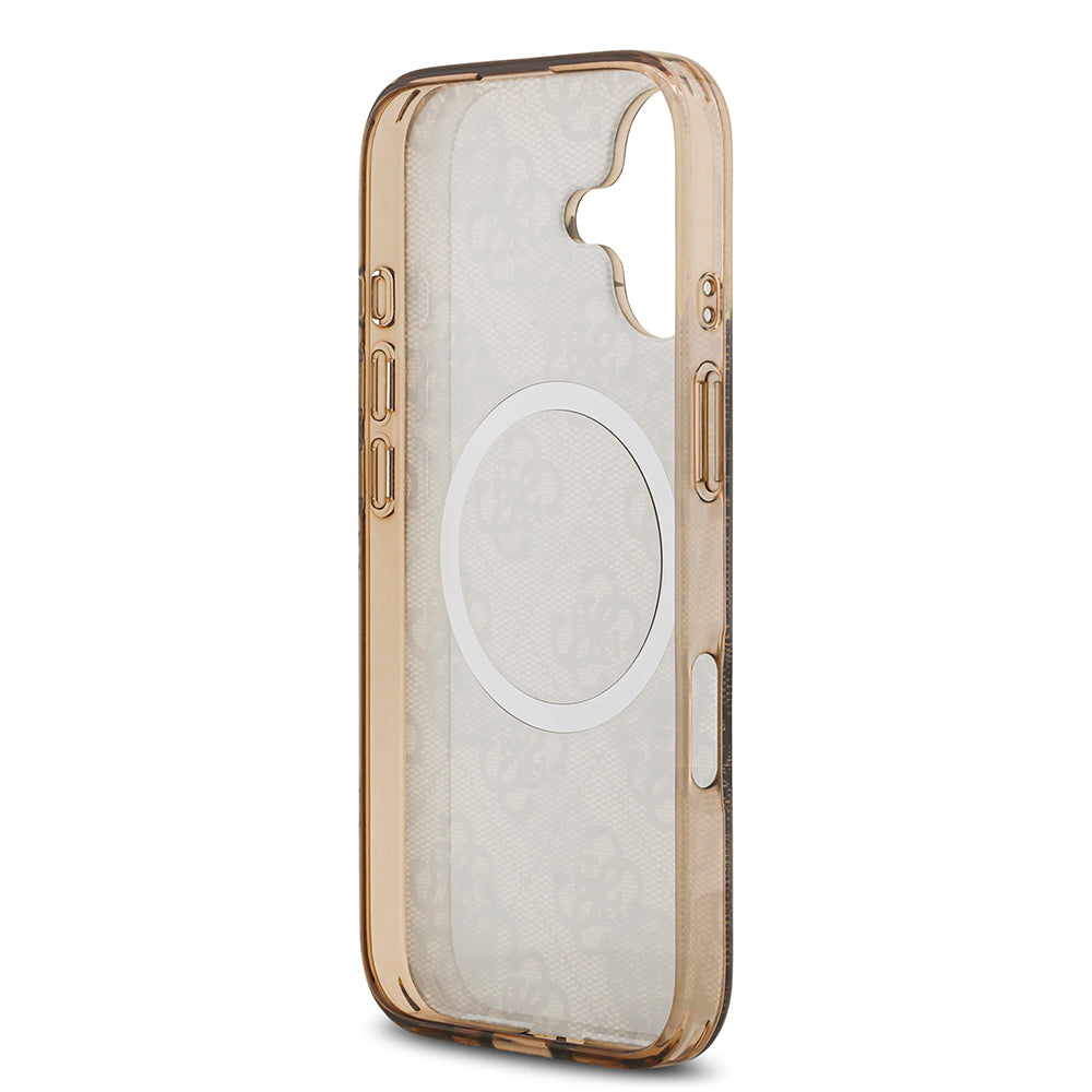 Apple iPhone 17 Kılıf Guess M-safe Şarj Özellikli IML Peony ve 4G Desenli Klasik Logolu Kapak Kahverengi