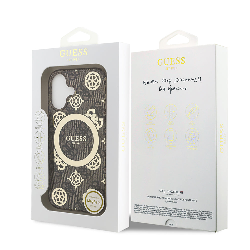 Apple iPhone 17 Kılıf Guess M-safe Şarj Özellikli IML Peony ve 4G Desenli Klasik Logolu Kapak Kahverengi