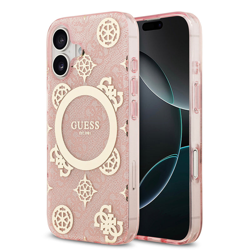 Apple iPhone 17 Kılıf Guess M-safe Şarj Özellikli IML Peony ve 4G Desenli Klasik Logolu Kapak Pembe