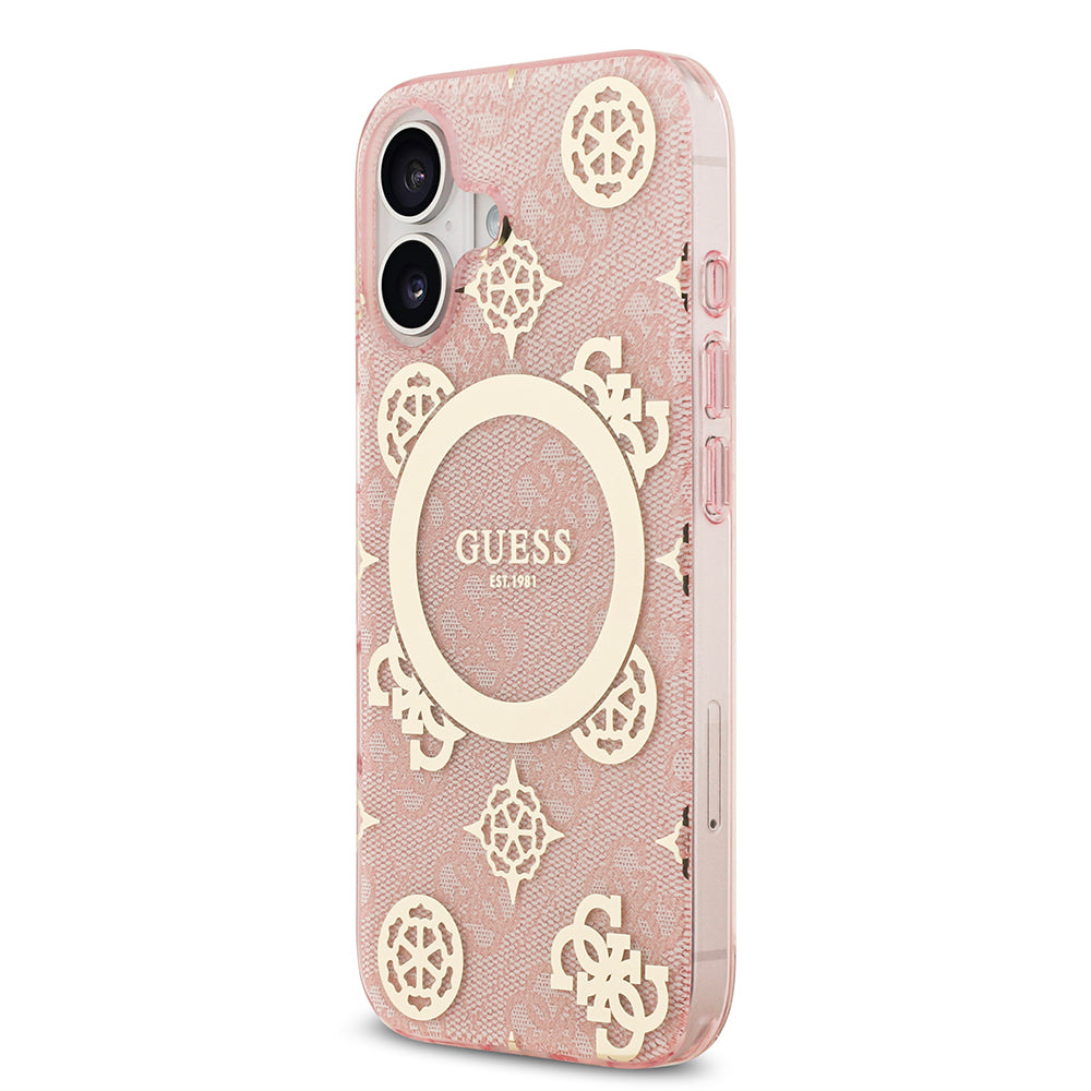Apple iPhone 17 Kılıf Guess M-safe Şarj Özellikli IML Peony ve 4G Desenli Klasik Logolu Kapak Pembe
