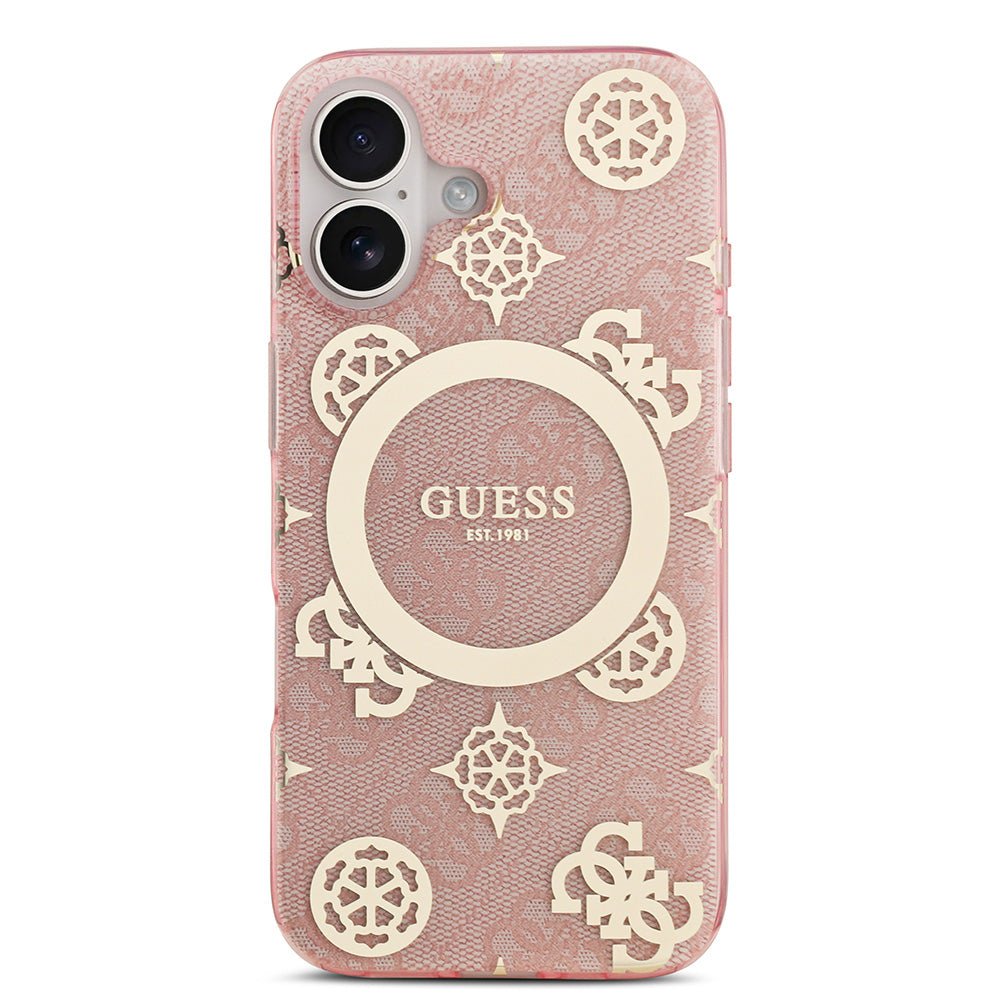 Apple iPhone 17 Kılıf Guess M-safe Şarj Özellikli IML Peony ve 4G Desenli Klasik Logolu Kapak Pembe