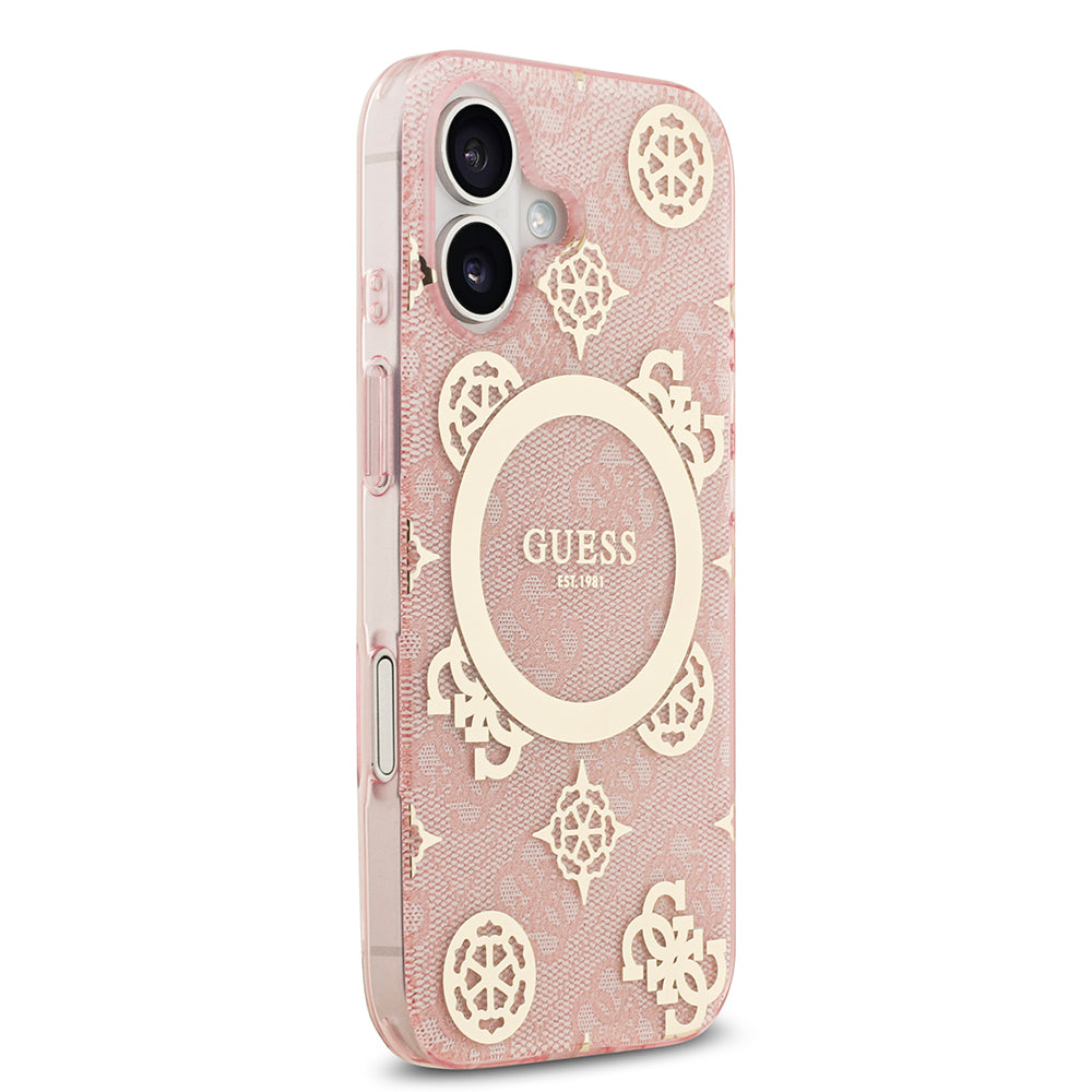 Apple iPhone 17 Kılıf Guess M-safe Şarj Özellikli IML Peony ve 4G Desenli Klasik Logolu Kapak Pembe