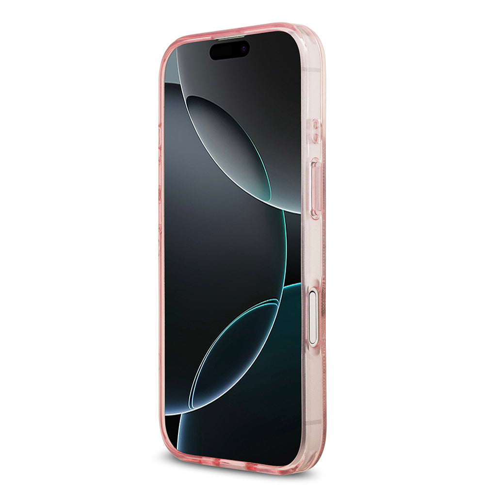 Apple iPhone 17 Kılıf Guess M-safe Şarj Özellikli IML Peony ve 4G Desenli Klasik Logolu Kapak Pembe