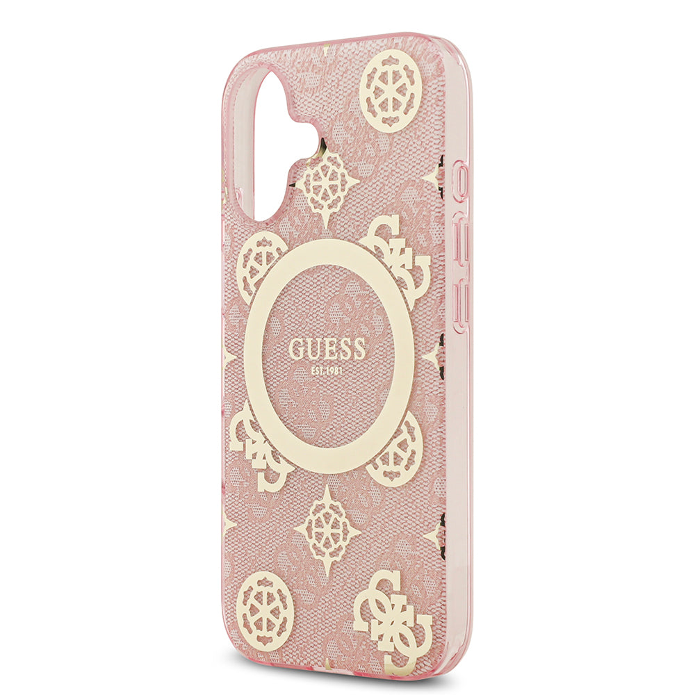 Apple iPhone 17 Kılıf Guess M-safe Şarj Özellikli IML Peony ve 4G Desenli Klasik Logolu Kapak Pembe