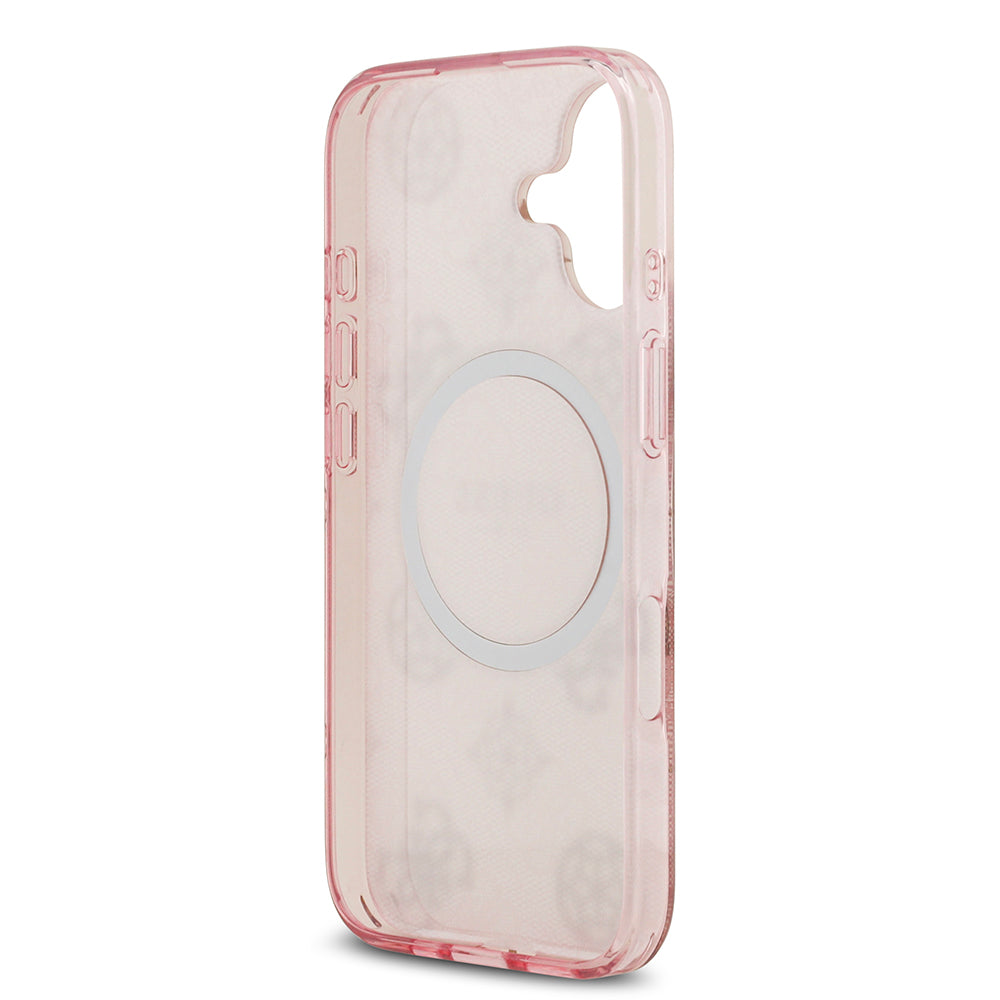 Apple iPhone 17 Kılıf Guess M-safe Şarj Özellikli IML Peony ve 4G Desenli Klasik Logolu Kapak Pembe