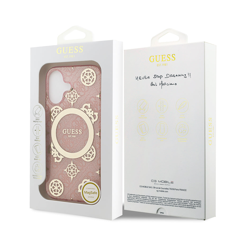 Apple iPhone 17 Kılıf Guess M-safe Şarj Özellikli IML Peony ve 4G Desenli Klasik Logolu Kapak Pembe