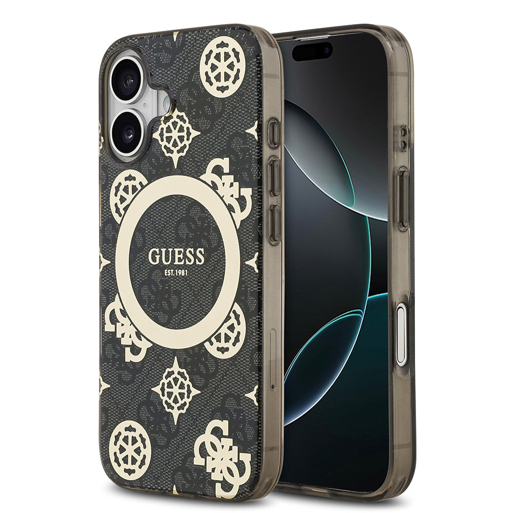 Apple iPhone 17 Kılıf Guess M-safe Şarj Özellikli IML Peony ve 4G Desenli Klasik Logolu Kapak Siyah
