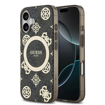 Apple iPhone 17 Kılıf Guess M-safe Şarj Özellikli IML Peony ve 4G Desenli Klasik Logolu Kapak Siyah
