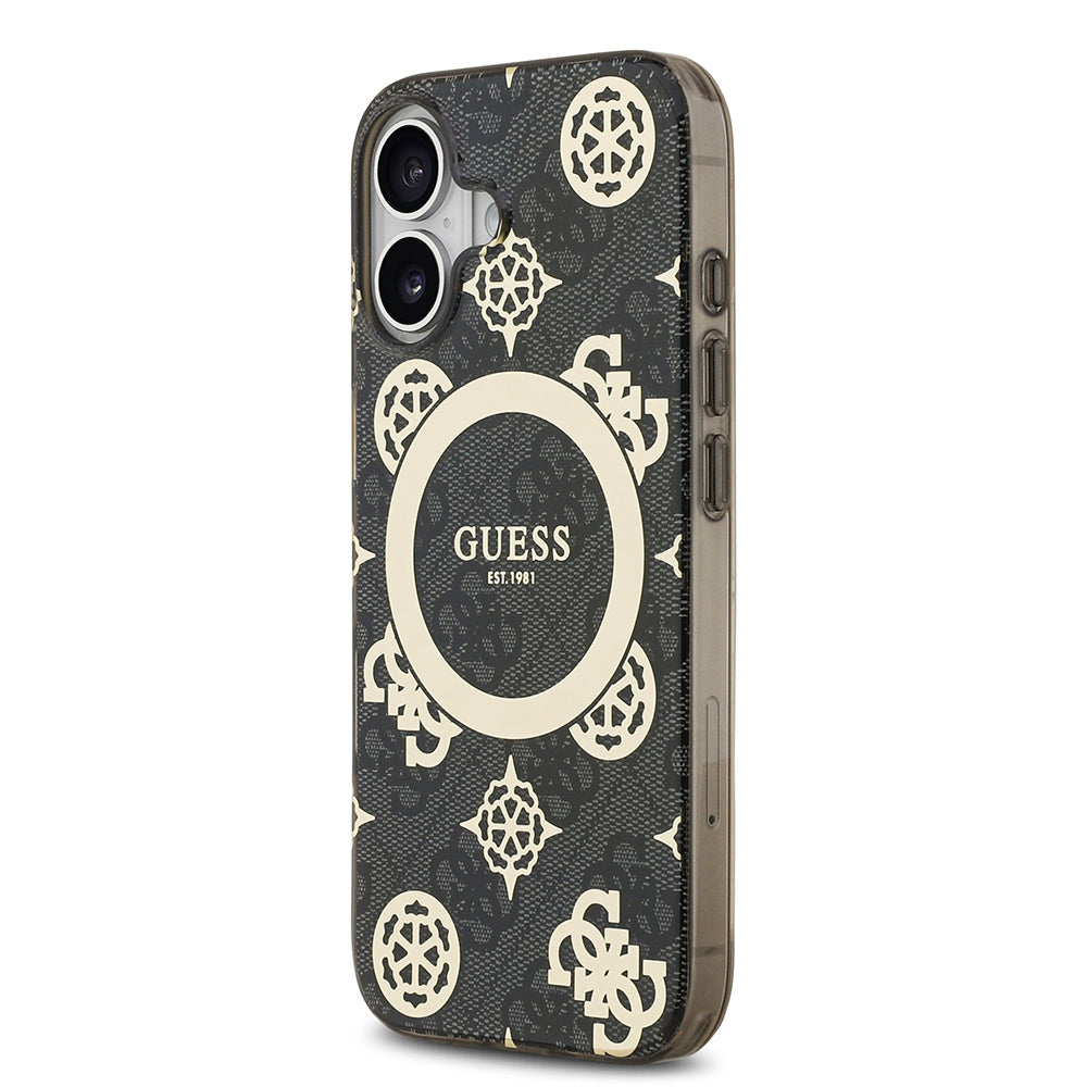 Apple iPhone 17 Kılıf Guess M-safe Şarj Özellikli IML Peony ve 4G Desenli Klasik Logolu Kapak Siyah
