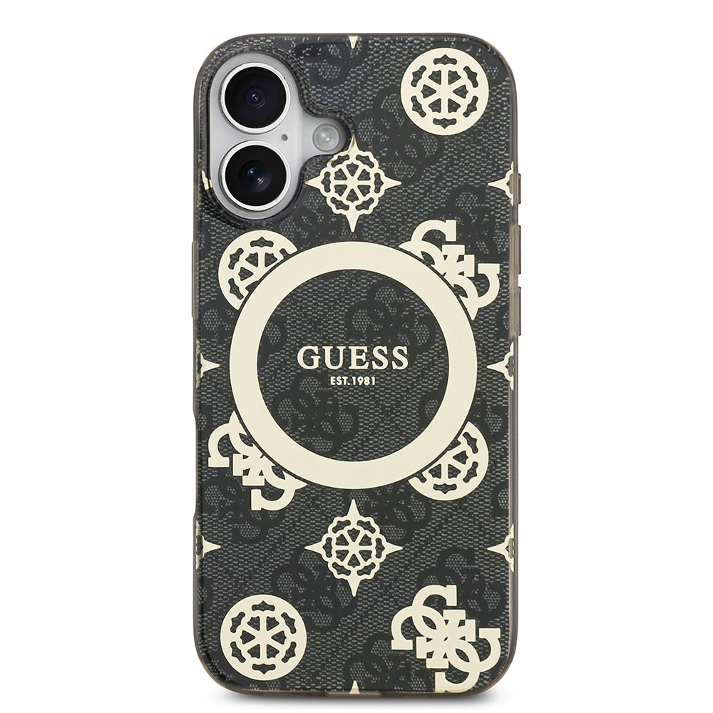 Apple iPhone 17 Kılıf Guess M-safe Şarj Özellikli IML Peony ve 4G Desenli Klasik Logolu Kapak Siyah
