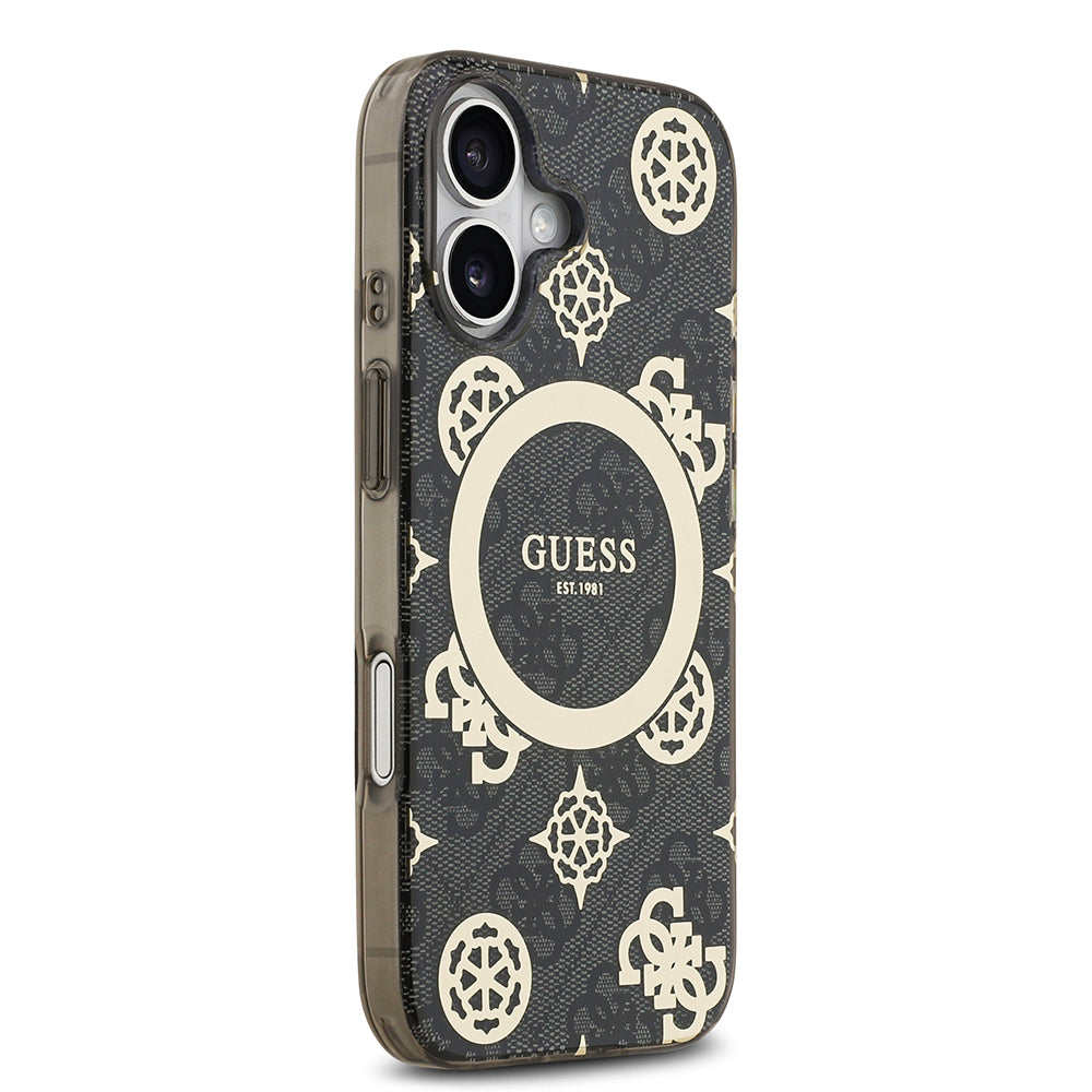 Apple iPhone 17 Kılıf Guess M-safe Şarj Özellikli IML Peony ve 4G Desenli Klasik Logolu Kapak Siyah