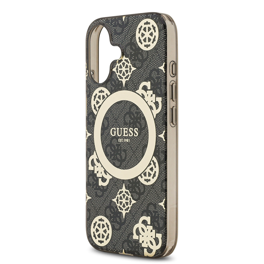 Apple iPhone 17 Kılıf Guess M-safe Şarj Özellikli IML Peony ve 4G Desenli Klasik Logolu Kapak Siyah