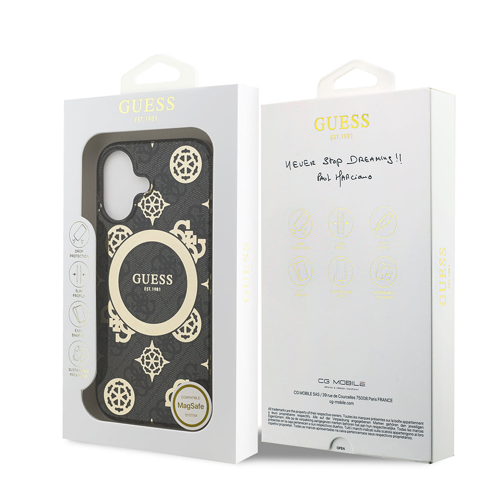 Apple iPhone 17 Kılıf Guess M-safe Şarj Özellikli IML Peony ve 4G Desenli Klasik Logolu Kapak Siyah