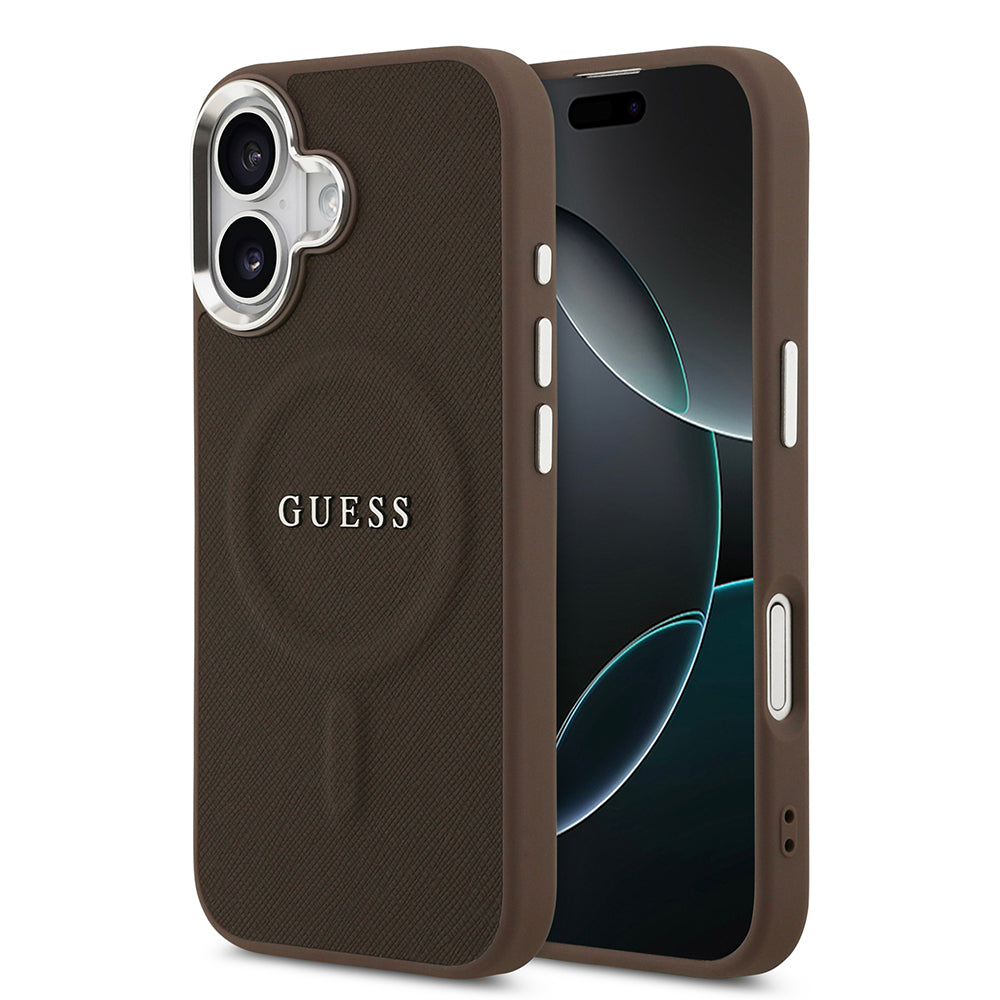 Apple iPhone 17 Kılıf Guess M-safe Şarj Özellikli Klasik Yazı Logolu PU Deri Kapak Kahverengi