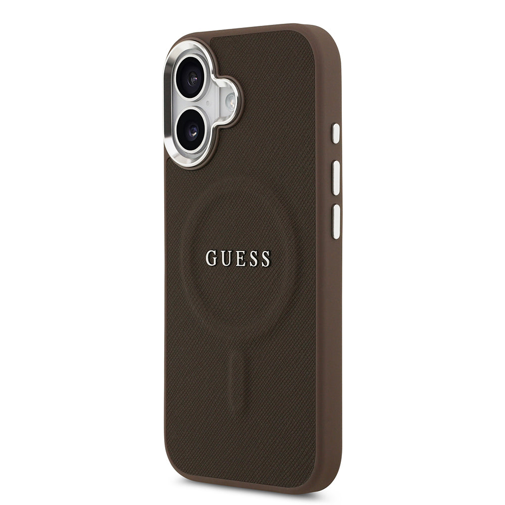 Apple iPhone 17 Kılıf Guess M-safe Şarj Özellikli Klasik Yazı Logolu PU Deri Kapak Kahverengi
