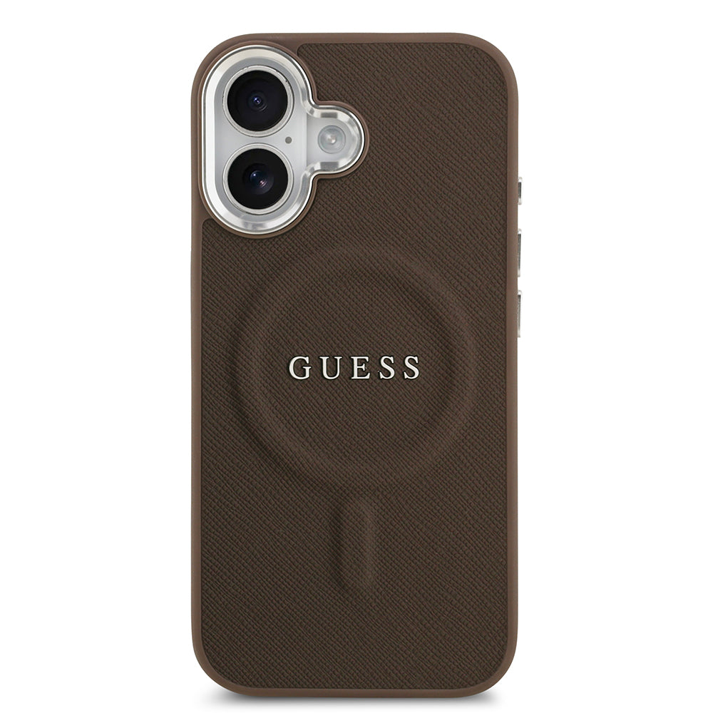 Apple iPhone 17 Kılıf Guess M-safe Şarj Özellikli Klasik Yazı Logolu PU Deri Kapak Kahverengi