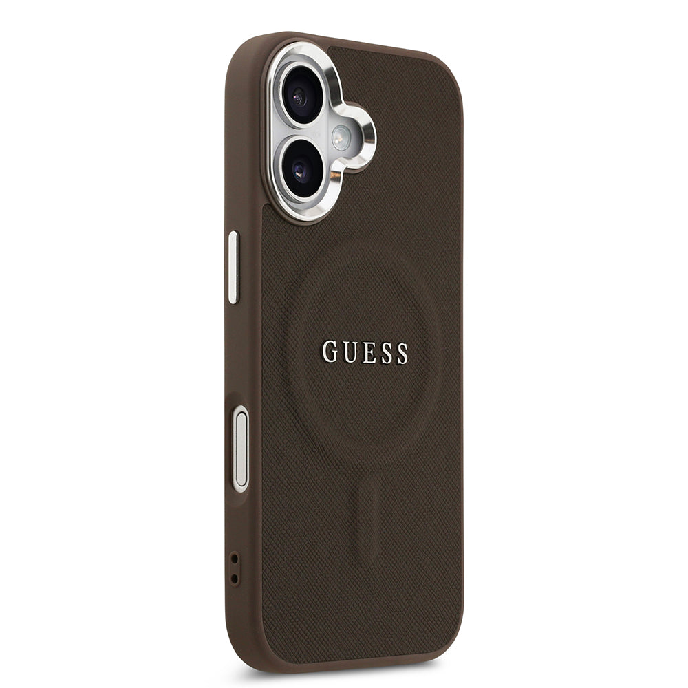 Apple iPhone 17 Kılıf Guess M-safe Şarj Özellikli Klasik Yazı Logolu PU Deri Kapak Kahverengi
