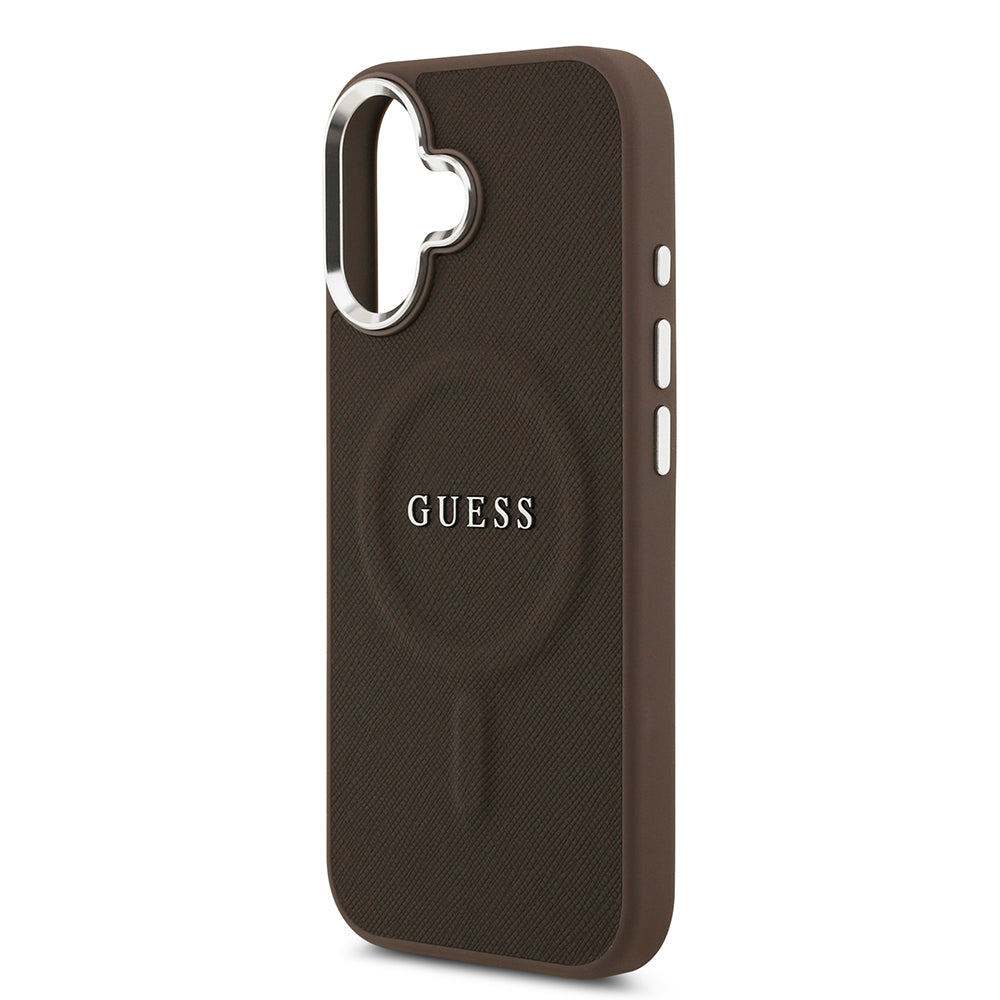Apple iPhone 17 Kılıf Guess M-safe Şarj Özellikli Klasik Yazı Logolu PU Deri Kapak Kahverengi
