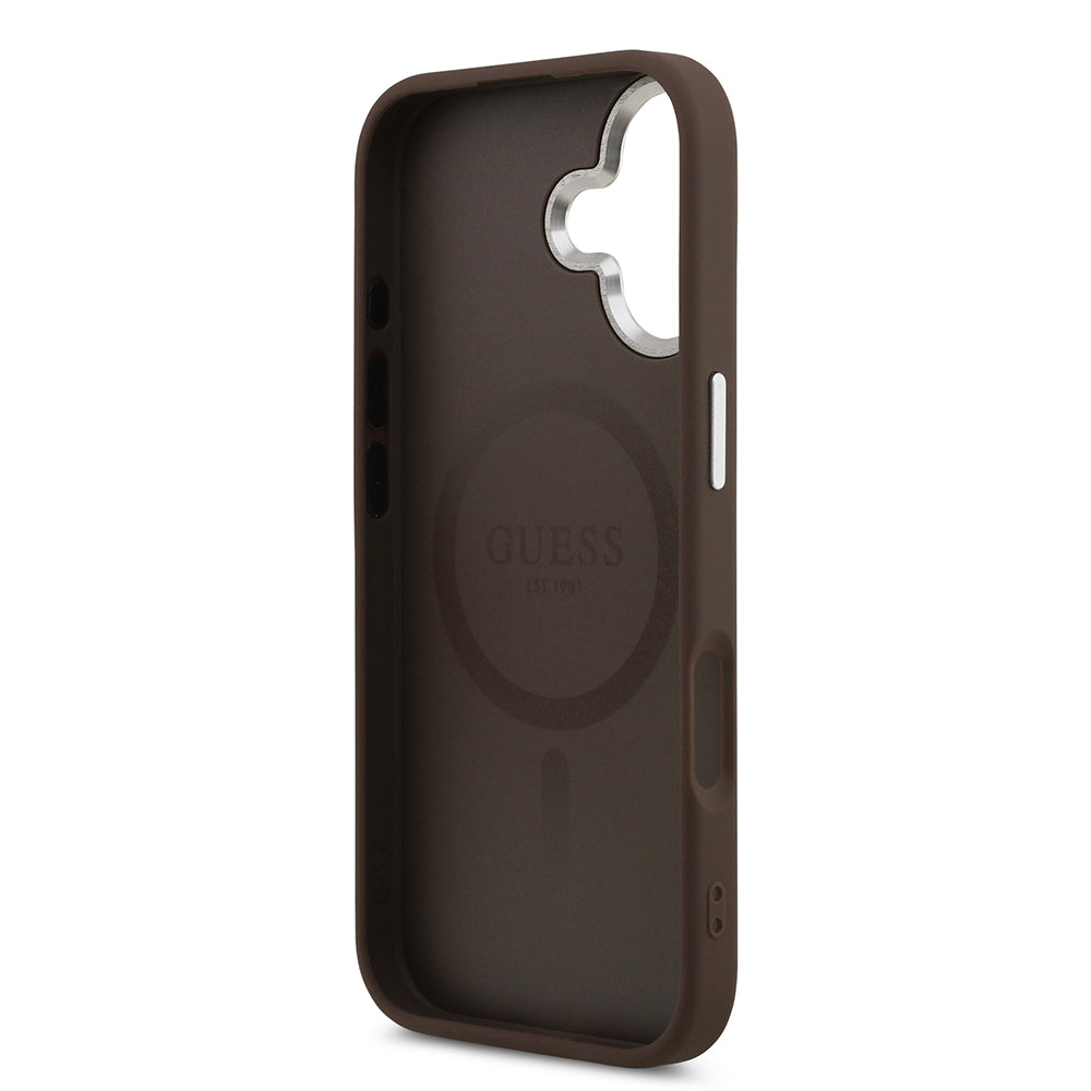 Apple iPhone 17 Kılıf Guess M-safe Şarj Özellikli Klasik Yazı Logolu PU Deri Kapak Kahverengi