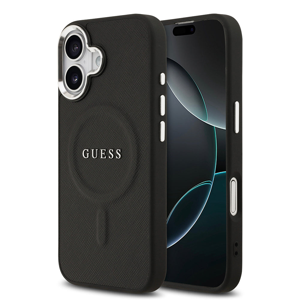 Apple iPhone 17 Kılıf Guess M-safe Şarj Özellikli Klasik Yazı Logolu PU Deri Kapak Siyah
