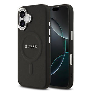 Apple iPhone 17 Kılıf Guess M-safe Şarj Özellikli Klasik Yazı Logolu PU Deri Kapak Siyah